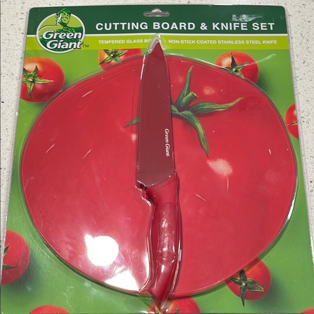 Green Giant Tomato Cutting Board Set Tempered Glass Great Gift